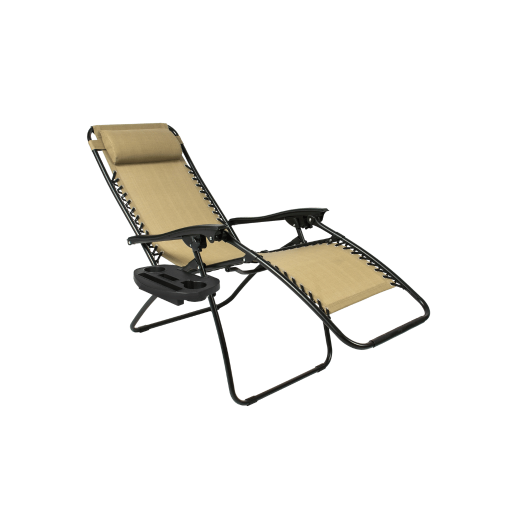Modern pair of neutral beige Zero Gravity chairs with side accessory trays; elegant outdoor recliners that complement minimalist patio decor.