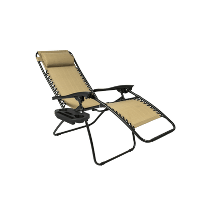 Modern pair of neutral beige Zero Gravity chairs with side accessory trays; elegant outdoor recliners that complement minimalist patio decor.