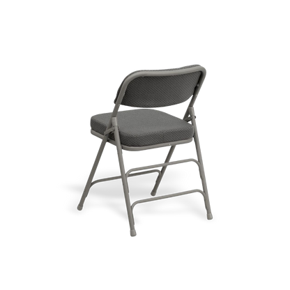 Two-pack Hercules folding chairs with cushioned fabric seats in gray, easy to fold for apartments.