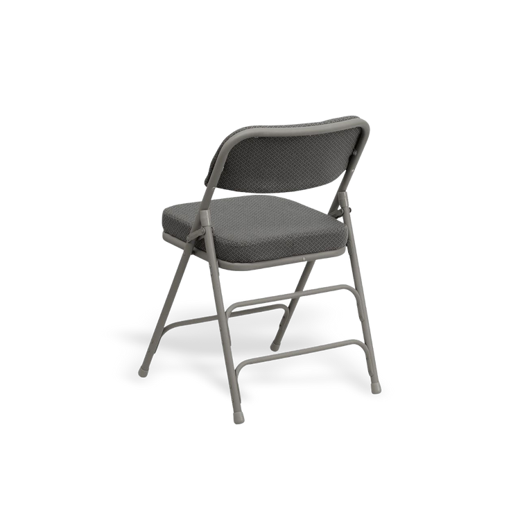 Two-pack Hercules folding chairs with cushioned fabric seats in gray, easy to fold for apartments.