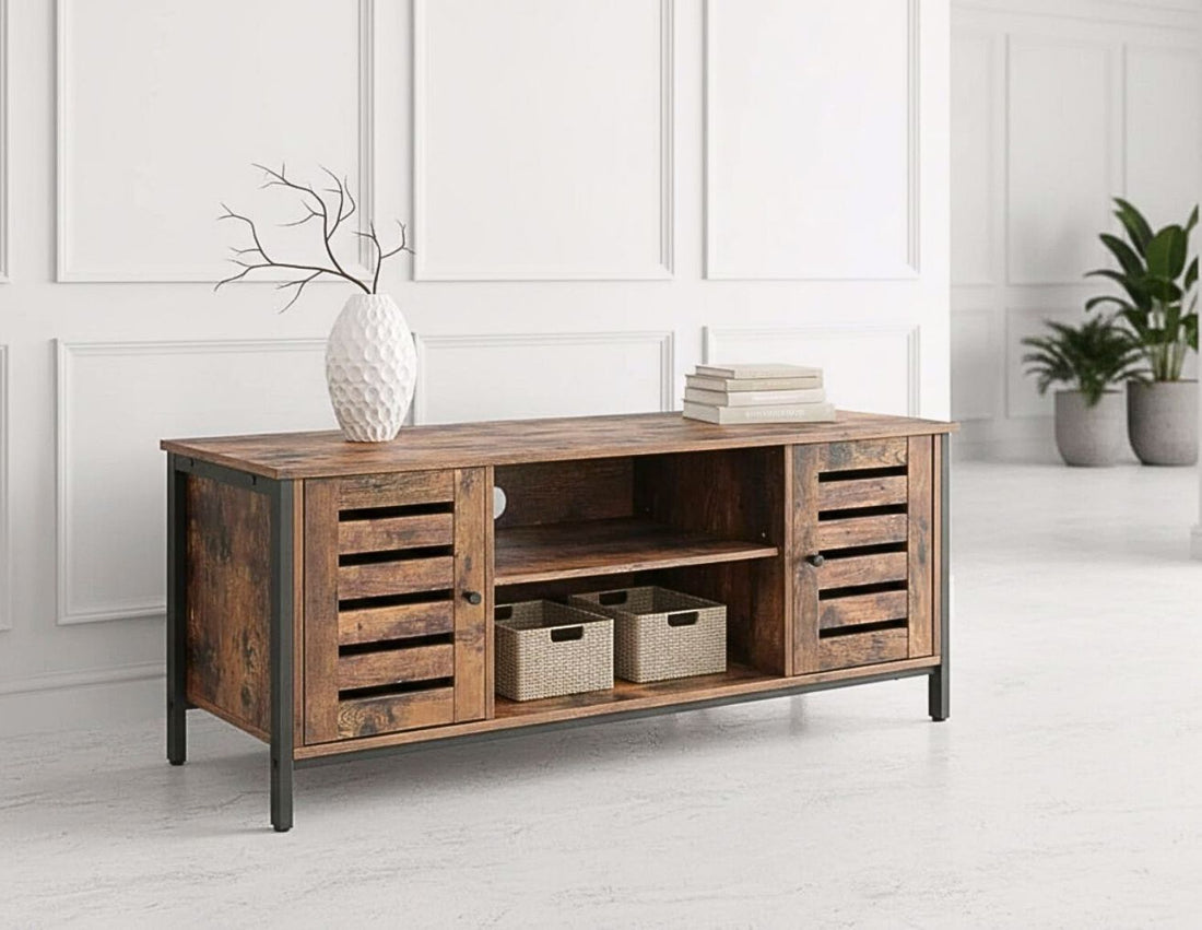 Modern mid-century industrial TV stand with louvered doors, wood and iron frame, center open shelf with baskets.