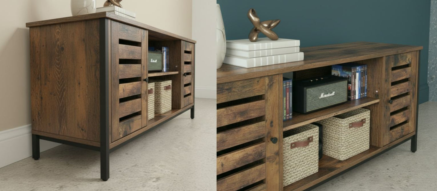 Modern mid-century industrial TV stand with louvered doors, wood and iron frame, open shelf with storage baskets