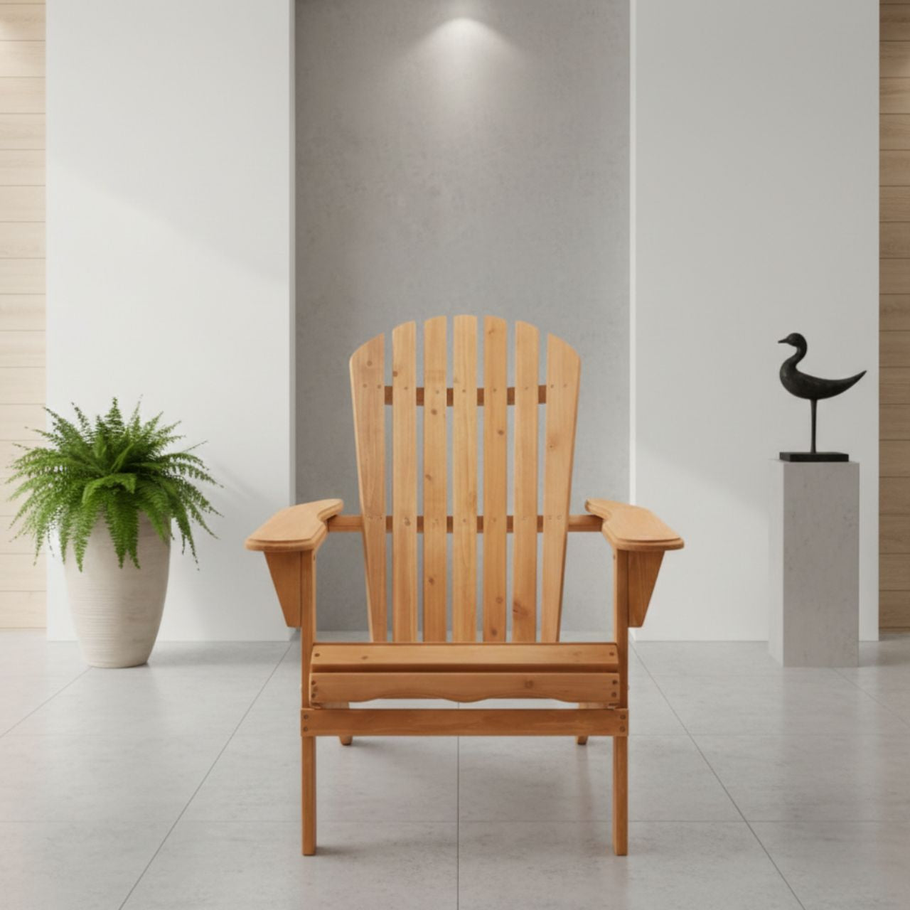 Modern interior featuring a lightweight solid hemlock folding Adirondack chair as a decorative accent piece; natural wood furniture for a minimalist living room.