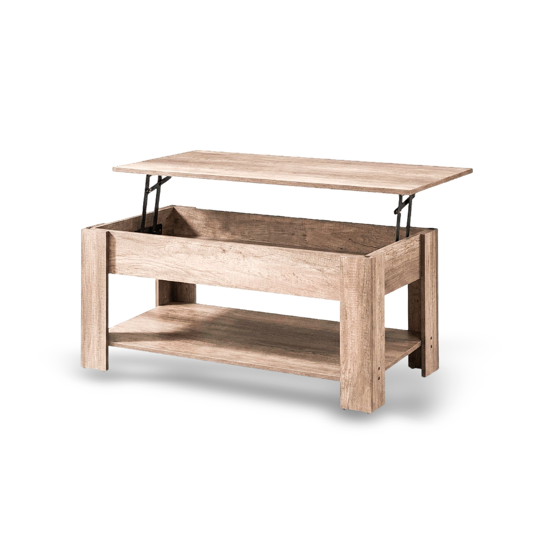 Open view of the walnut-finish lift top coffee table revealing a spacious hidden storage compartment for living room organization.