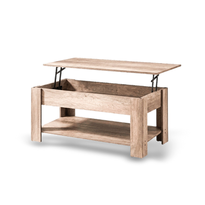Open view of the walnut-finish lift top coffee table revealing a spacious hidden storage compartment for living room organization.