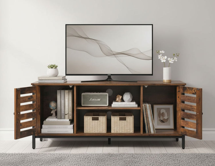 Modern mid-century industrial TV stand with louvered doors, wood and iron, for a 50-inch TV.