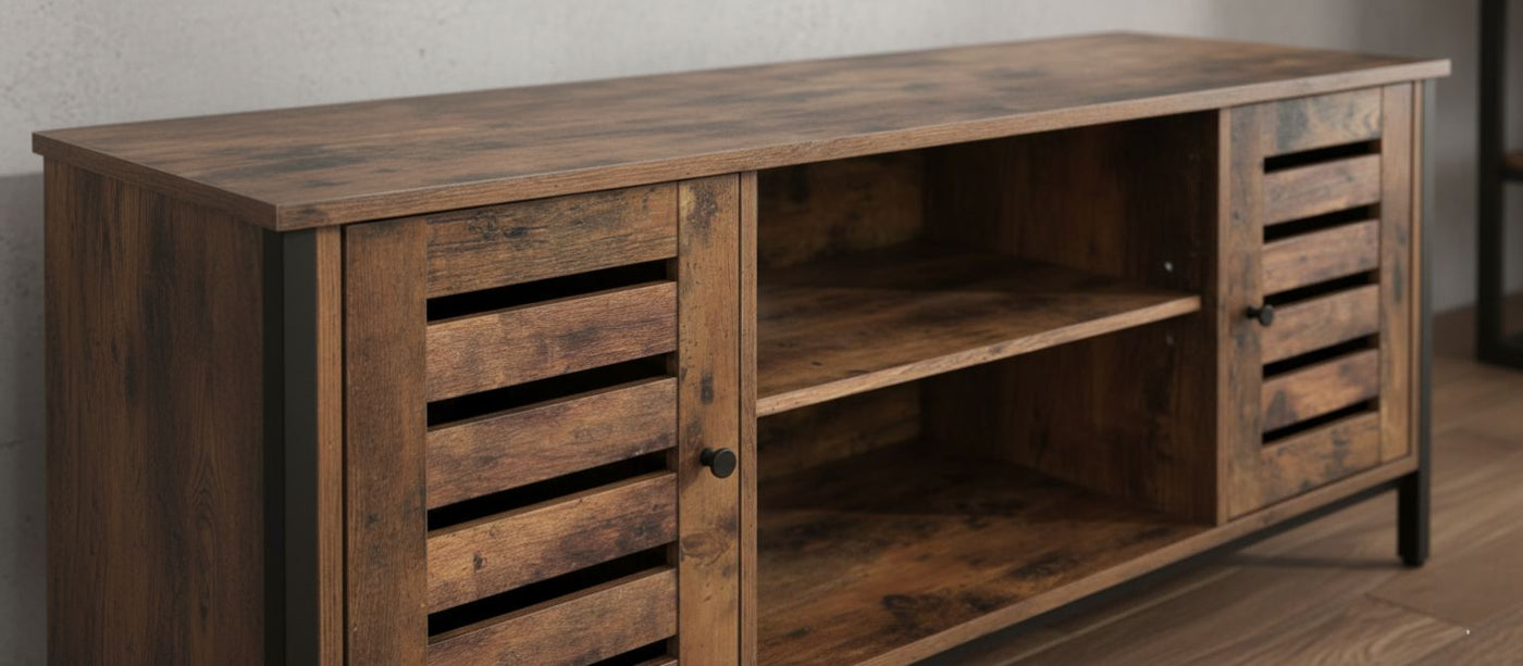 Modern mid-century industrial TV stand with wood and metal, louvered doors, and open center shelves.