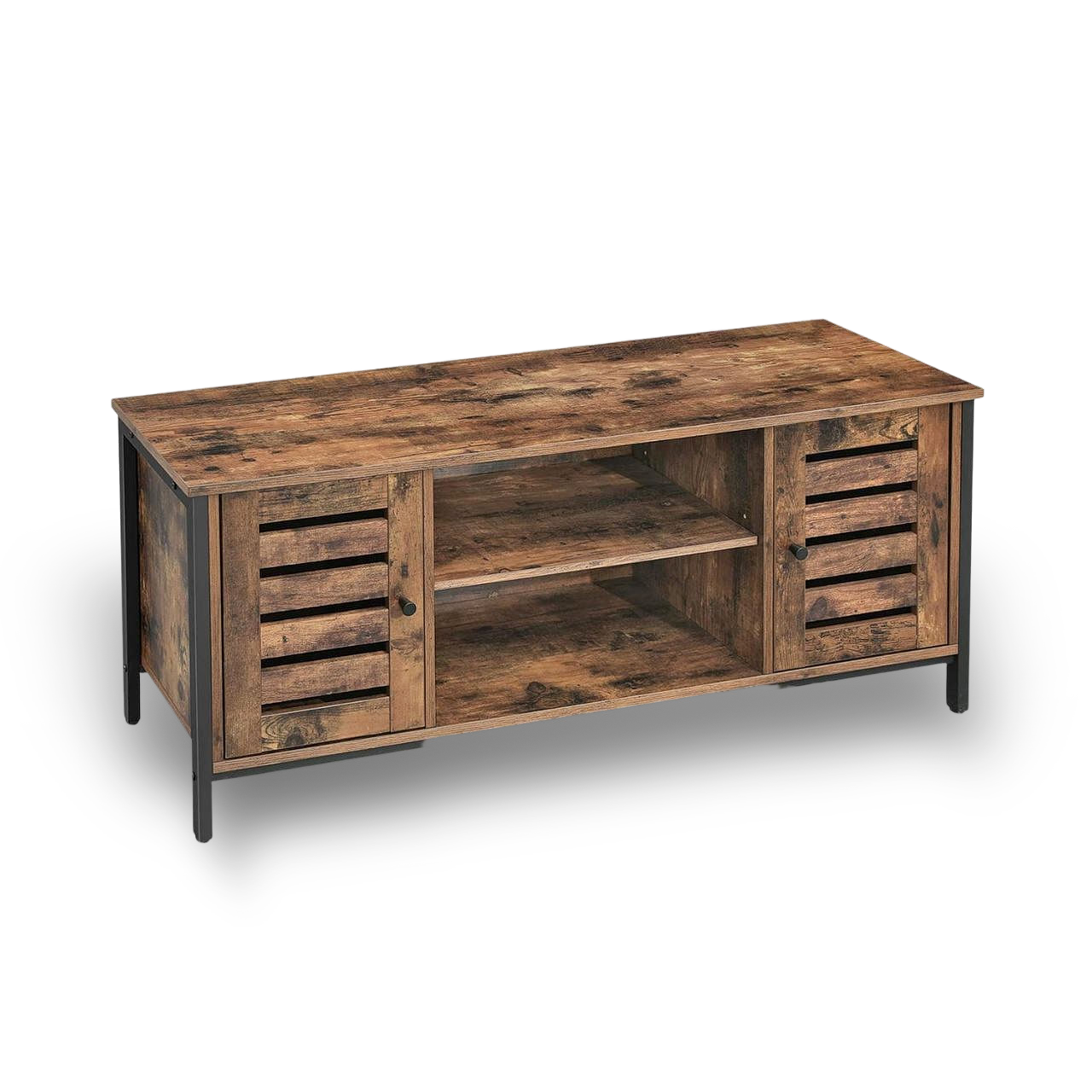 Modern mid-century industrial TV stand with wood and iron, louvered doors, and open center shelves for media.