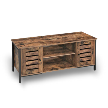 Modern mid-century industrial TV stand with wood and iron, hidden storage behind louvered doors for a 50-inch TV.
