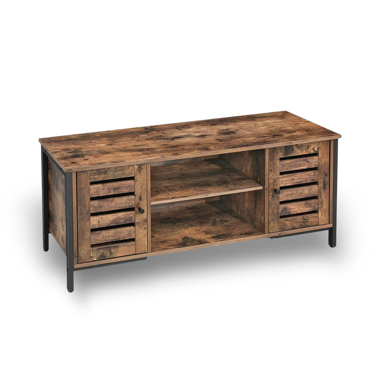 Modern mid-century industrial TV stand with wood and iron, louvered doors, and open center shelves for media.
