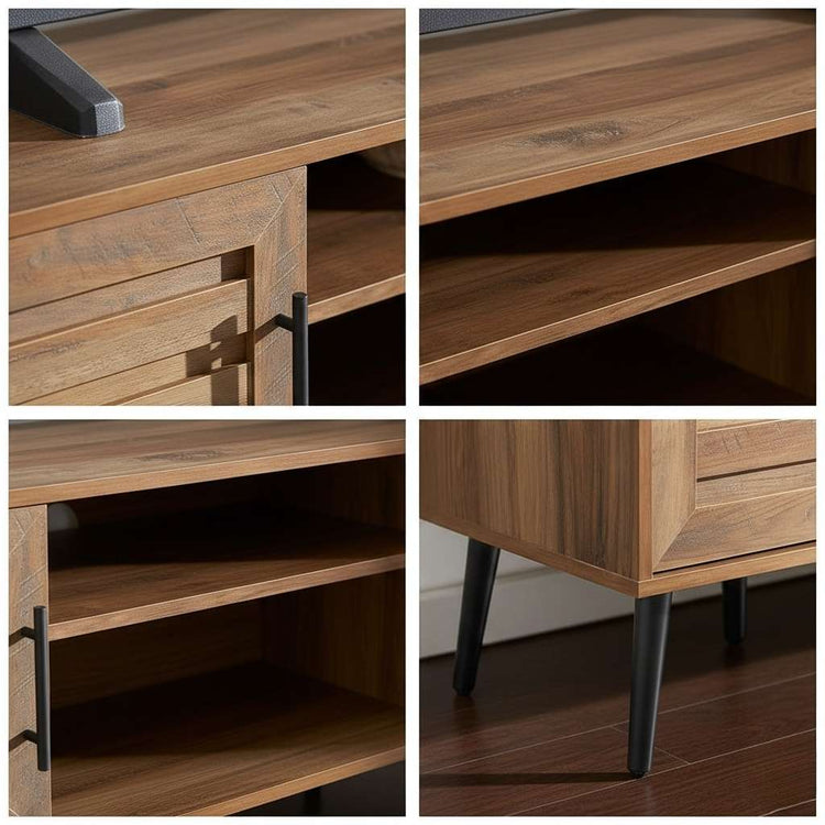Mid-Century TV Stand Modern Rustic Wood Finish With Storage, open shelves, cabinet, and tapered black legs.