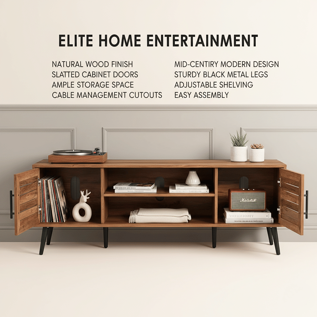 Mid-Century modern rustic wood TV stand with storage, open shelves and cabinets on black tapered legs.