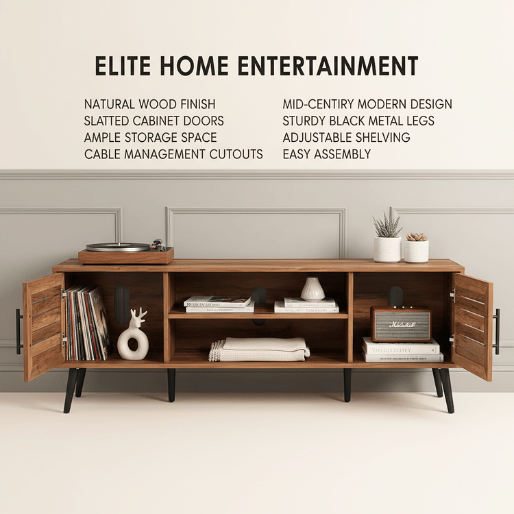 Mid-Century modern rustic wood TV stand with storage, open shelves and cabinets on black tapered legs.