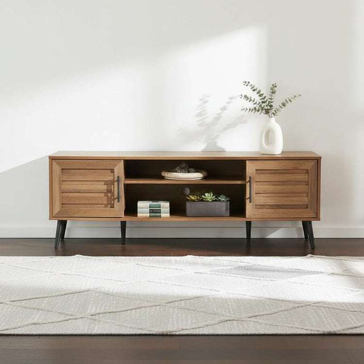 Mid-Century TV stand in modern rustic wood finish with storage, two cabinets and open shelves on tapered legs.