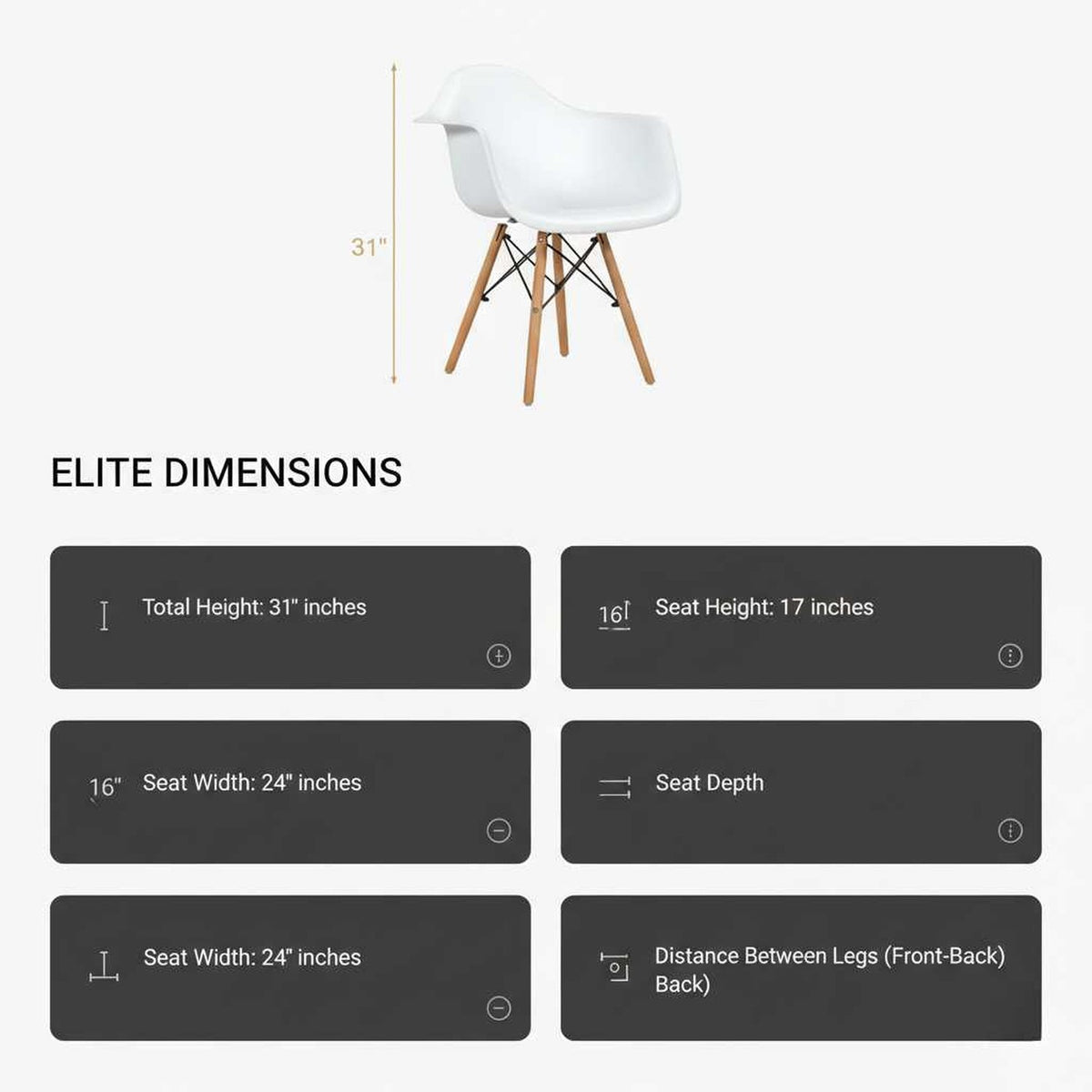 Set of 2 white molded mid-century dining arm chairs with wood legs (feature callout)