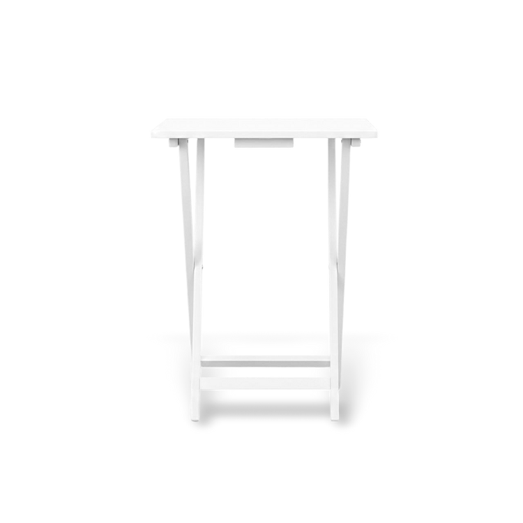 Modern white wood-grain folding tray tables with a minimalist cross-legged design; space-saving furniture for small apartments and guest rooms.