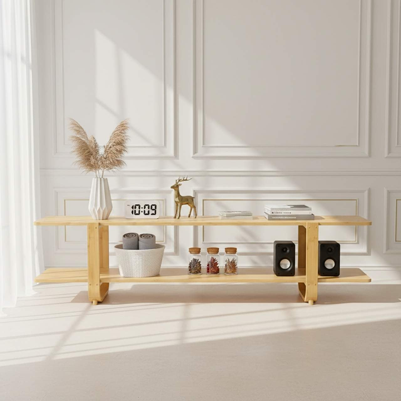 65-inch bamboo TV stand with storage shelves in a bright white room.
