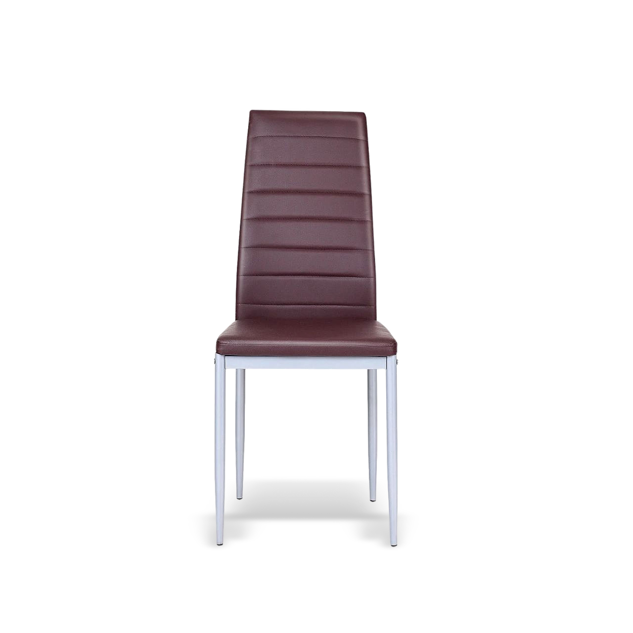 Single modern dining chair with high-back brown PVC upholstery and silver metal legs