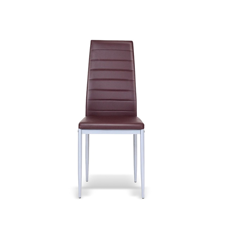 Single modern dining chair with high-back brown PVC upholstery and silver metal legs