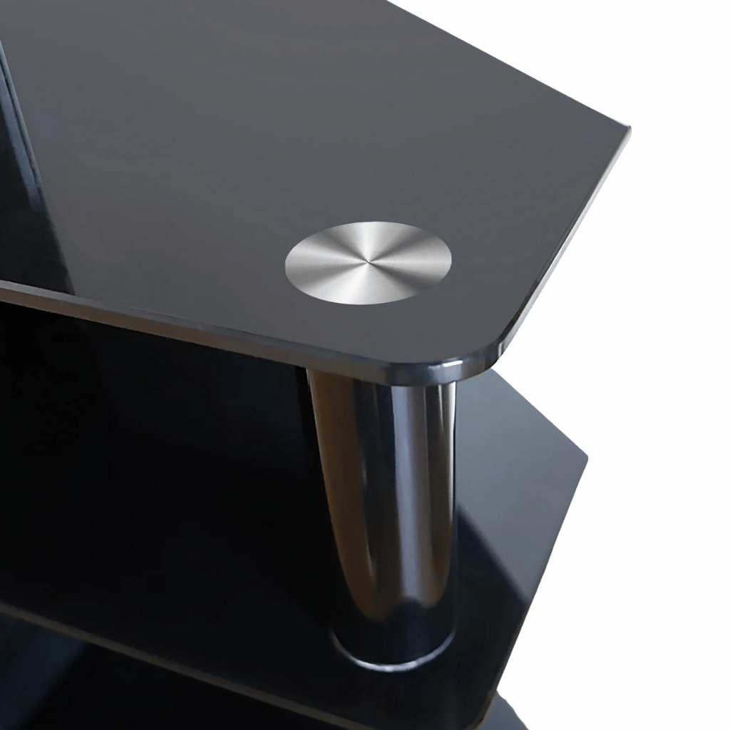 Multi-function TV stand with chrome legs, 45 degree swivel, and 3-tier storage featuring a brushed metal disc accent.