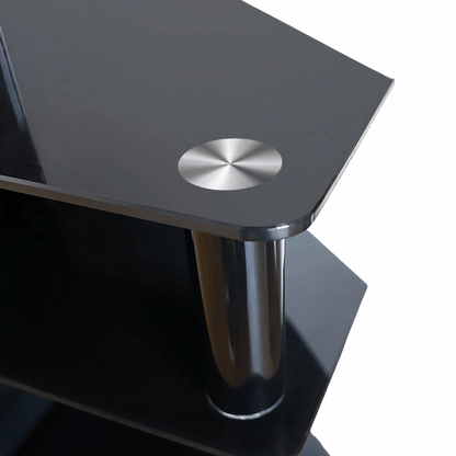 Multi-function TV stand with chrome legs, 45 degree swivel, and 3-tier storage featuring a brushed metal disc accent.