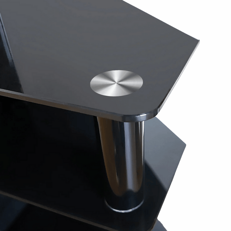 Multi-function TV stand with chrome legs, 45 degree swivel, and 3-tier storage featuring a brushed metal disc accent.