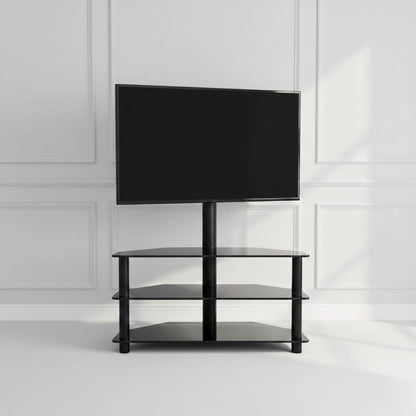 Multi-function three-tier black TV stand with a central support column and integrated mount for flat-screen televisions.