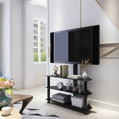 Multi-function TV stand with height adjust and 45° swivel for 32-65" TVs; 3-tier storage for AV gear, black.