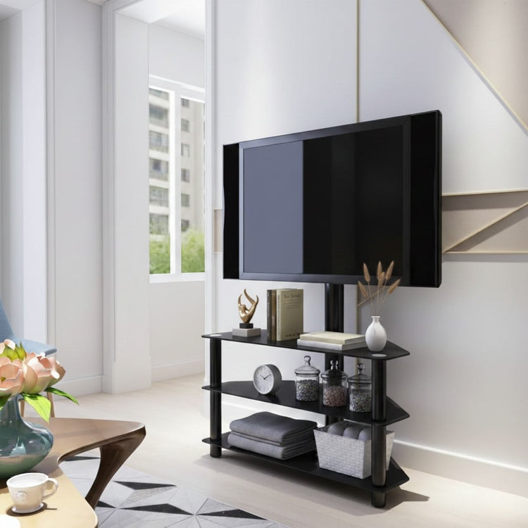 Multi-function TV stand with height adjust and 45° swivel for 32-65" TVs; 3-tier storage for AV gear, black.
