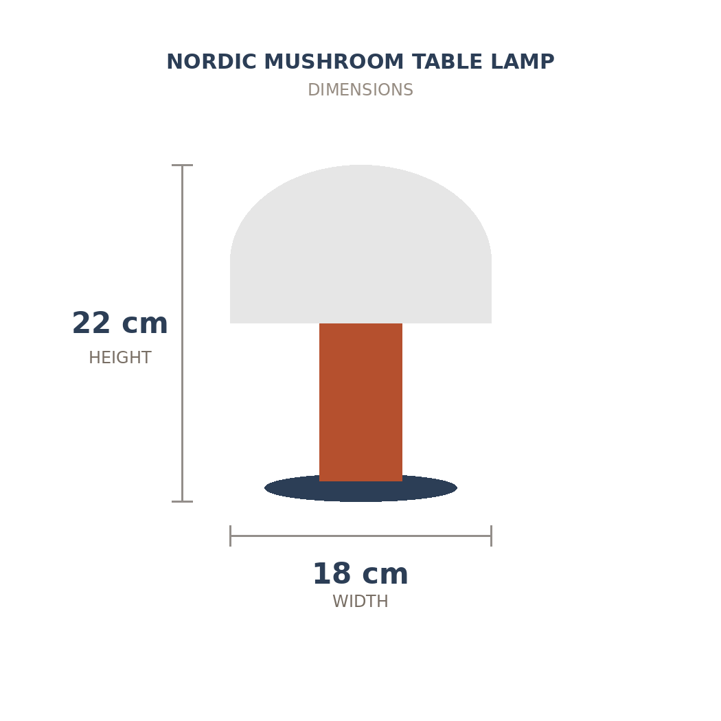 Measured drawing giving 18cm width and 22cm height for the Nordic Mushroom lamp (dimensions)