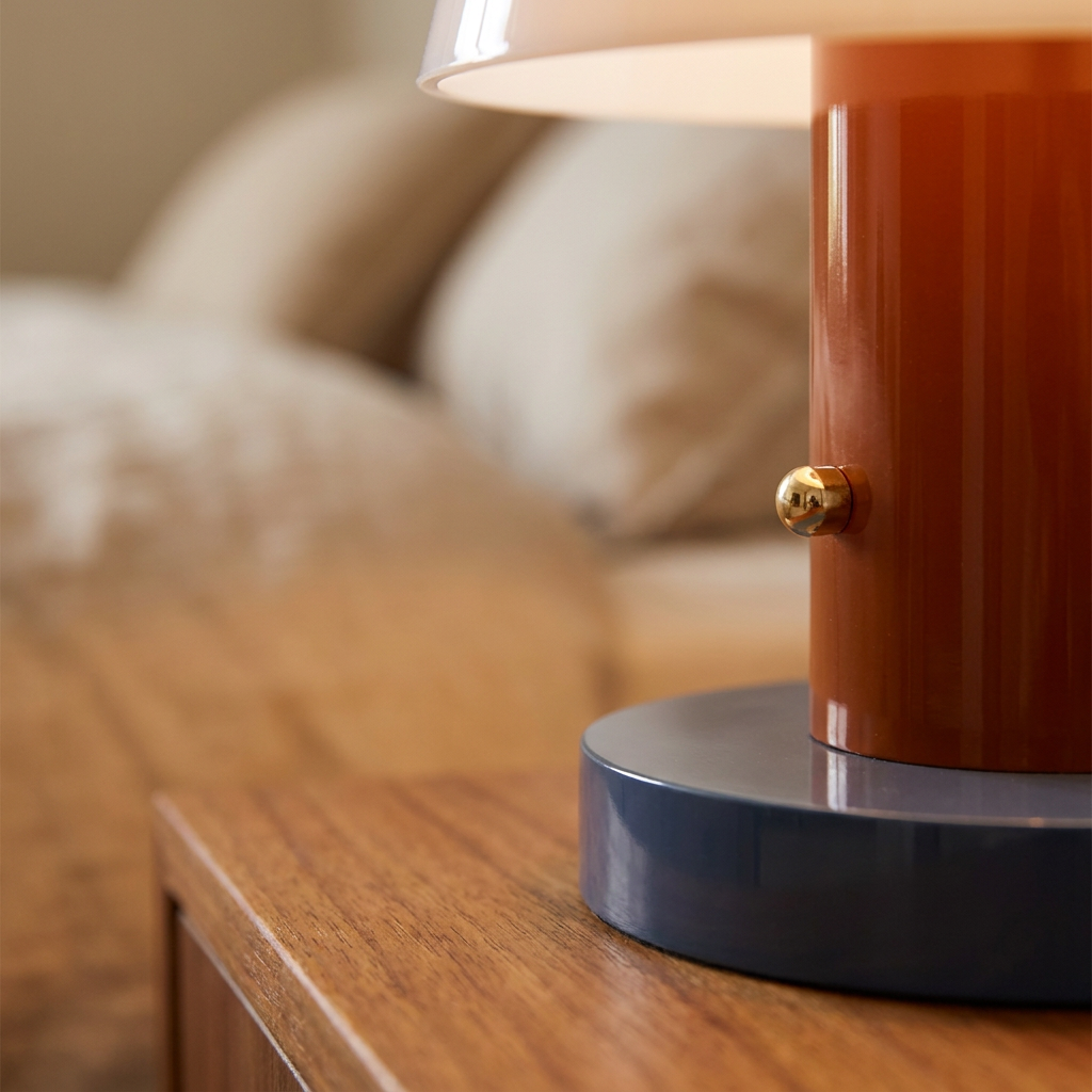 Environmental close-up of the brass dimmer button on a wooden nightstand (feature callout)