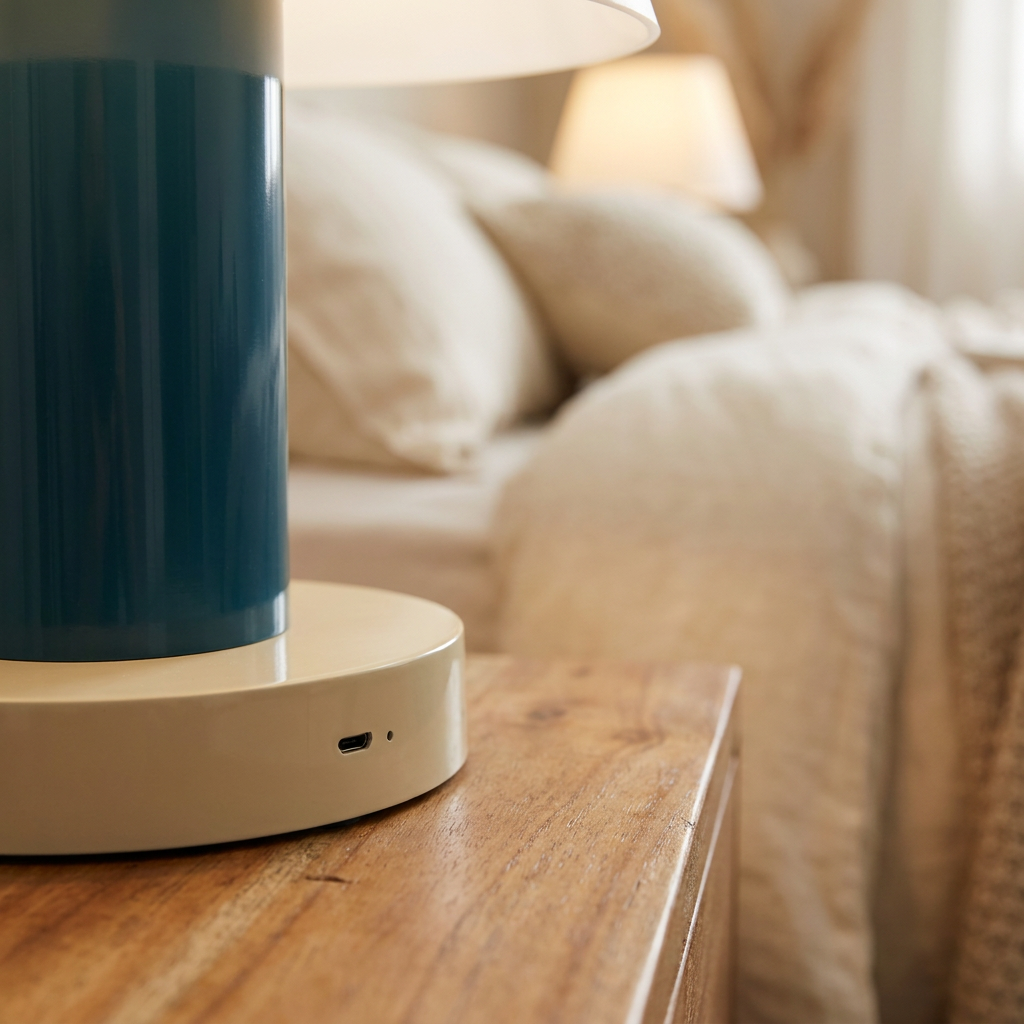 Environmental close-up of the USB charging port and status LED on a wooden nightstand (feature callout)
