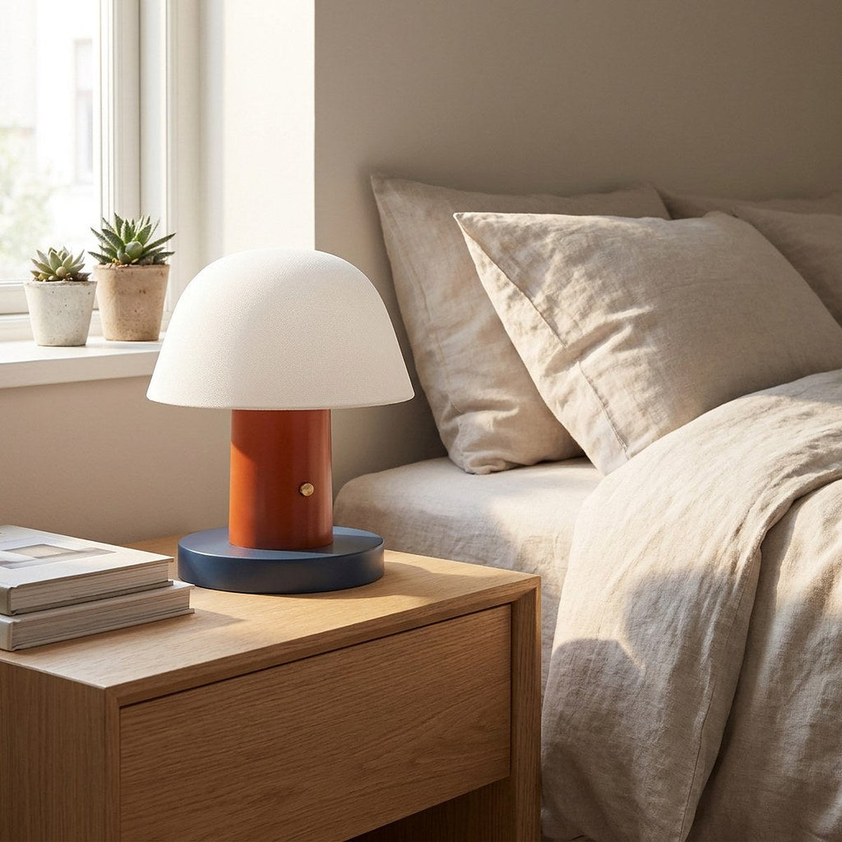 Nordic Mushroom Table Lamp, closer angle, same bedroom setting (room)
