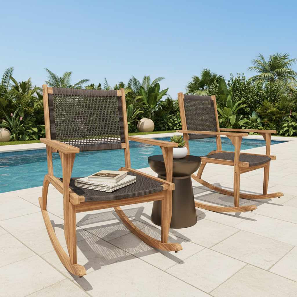 Organic modern outdoor rocking chairs made of solid acacia wood with hand-woven textures; includes 2 chairs in a warm, natural wood finish.