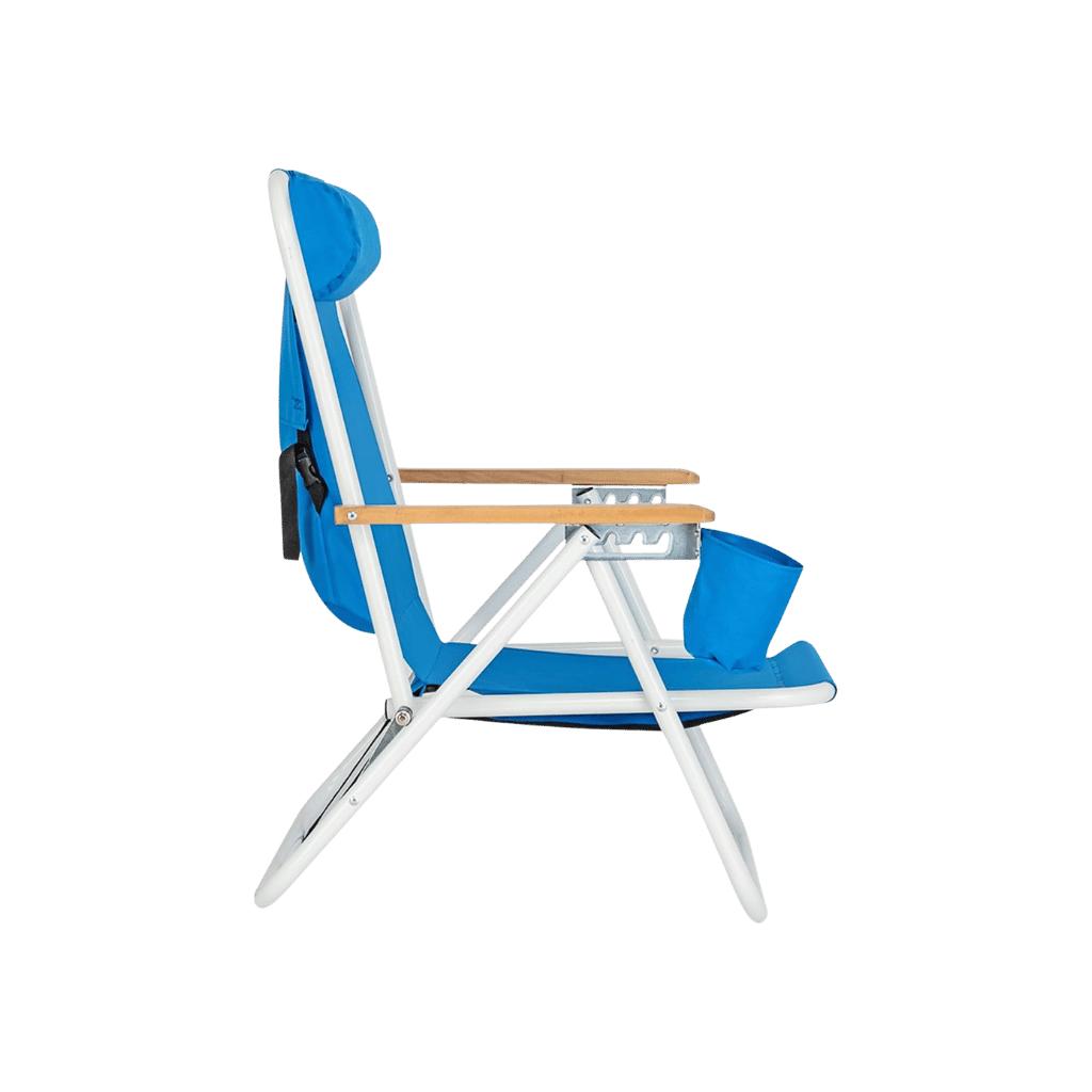 Nautical-style blue and white portable beach chair with wooden armrests; stylish folding outdoor seat with a plush headrest pillow for lounging.