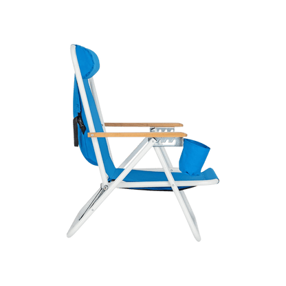 Nautical-style blue and white portable beach chair with wooden armrests; stylish folding outdoor seat with a plush headrest pillow for lounging.