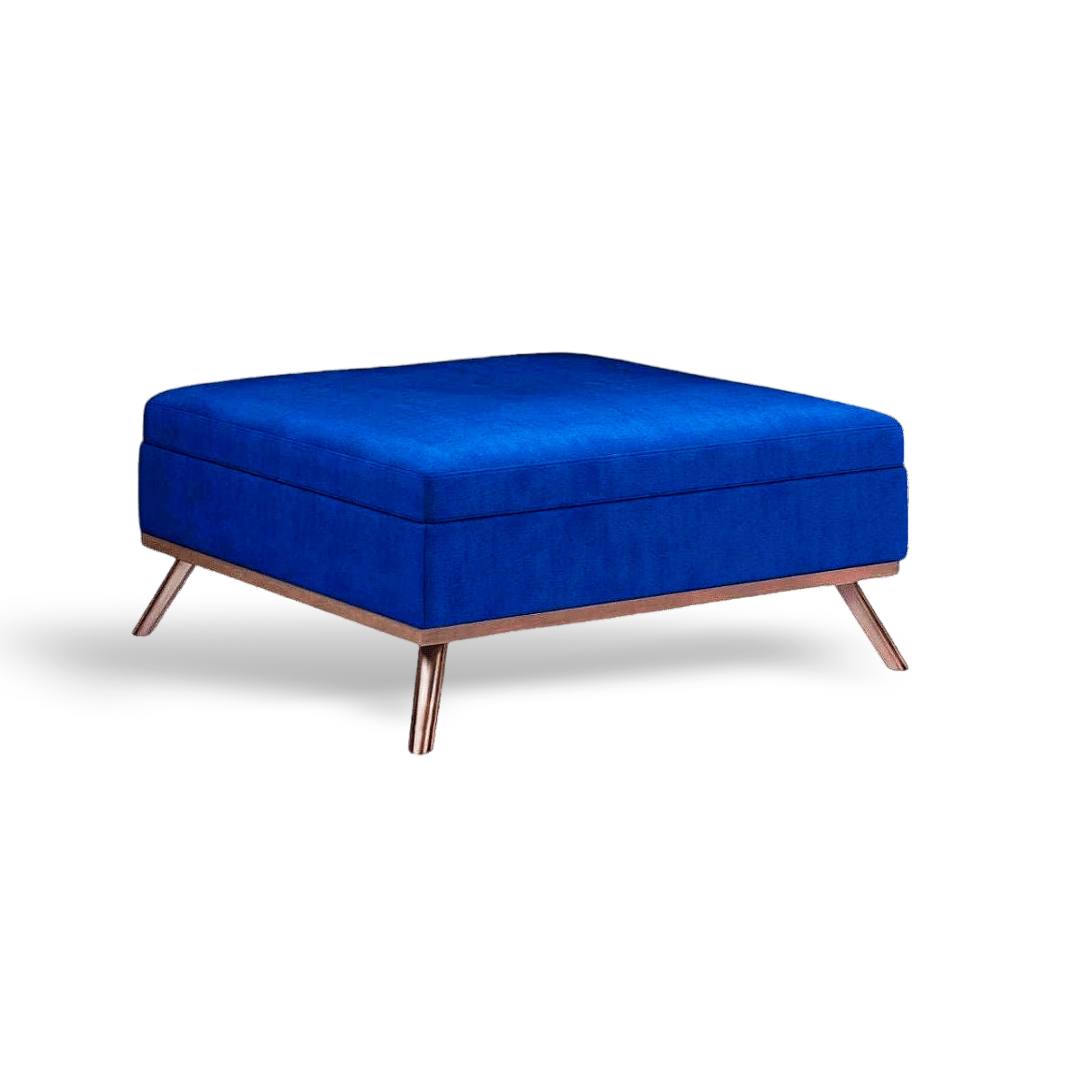Modern navy blue velvet square coffee table with deep storage and dark wood mid-century legs on a clean #f3f3f3 background.