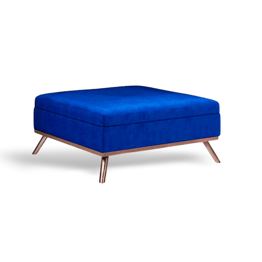 Modern navy blue velvet square coffee table with deep storage and dark wood mid-century legs on a clean #f3f3f3 background.