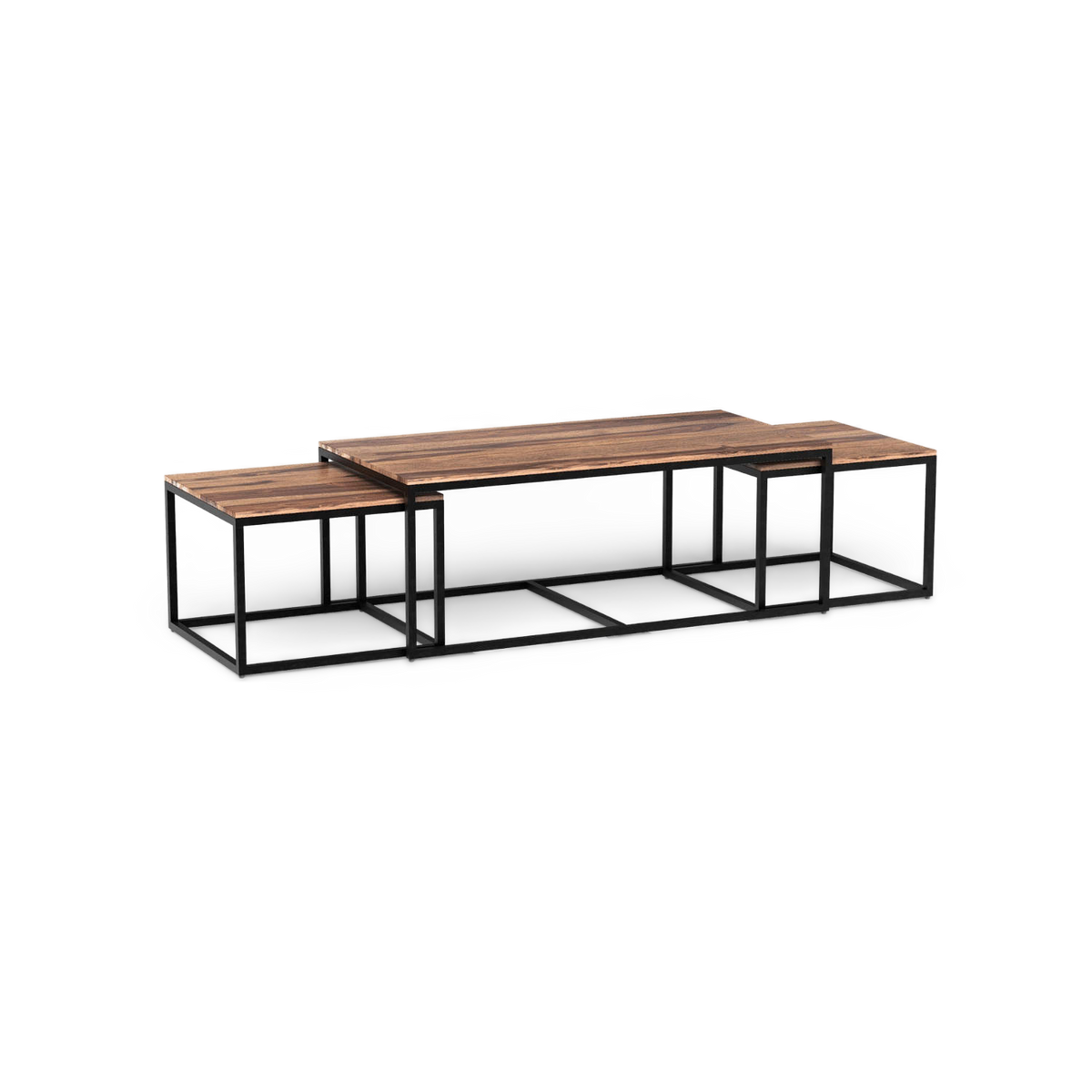 Nesting coffee tables set of 3 with sheesham wood tops and black metal frames, three-quarter view (plain studio)