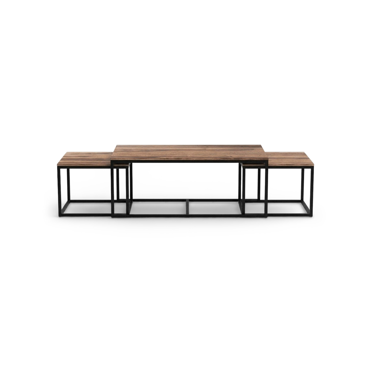 Nesting coffee tables set of 3 with sheesham wood tops and black metal frames, front view (plain studio)