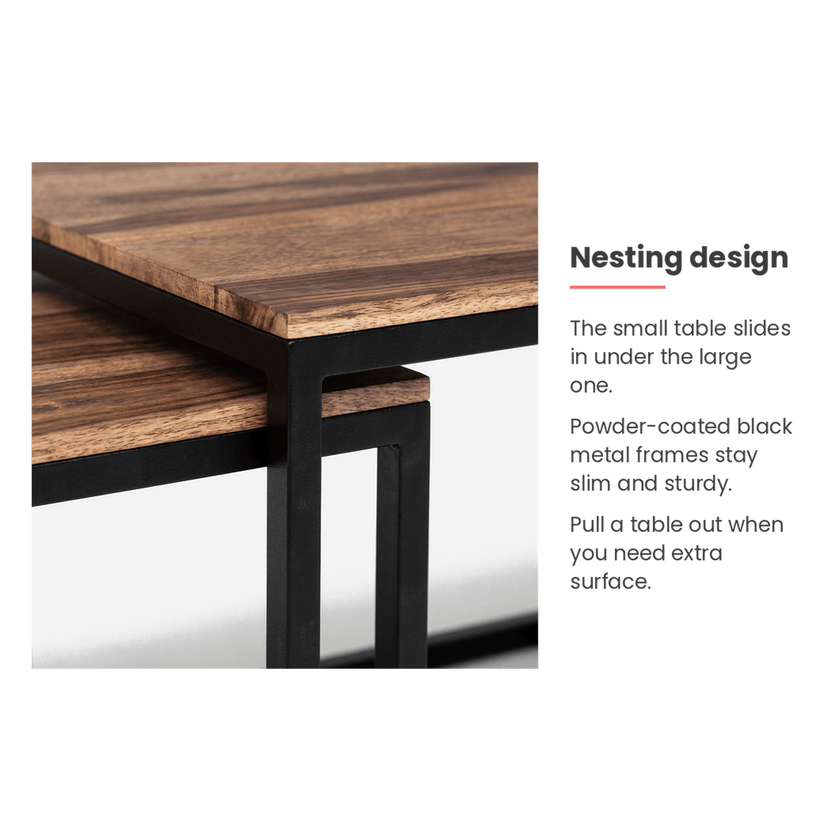 Nesting design spec card: the small tables slide under the large table (feature callout)