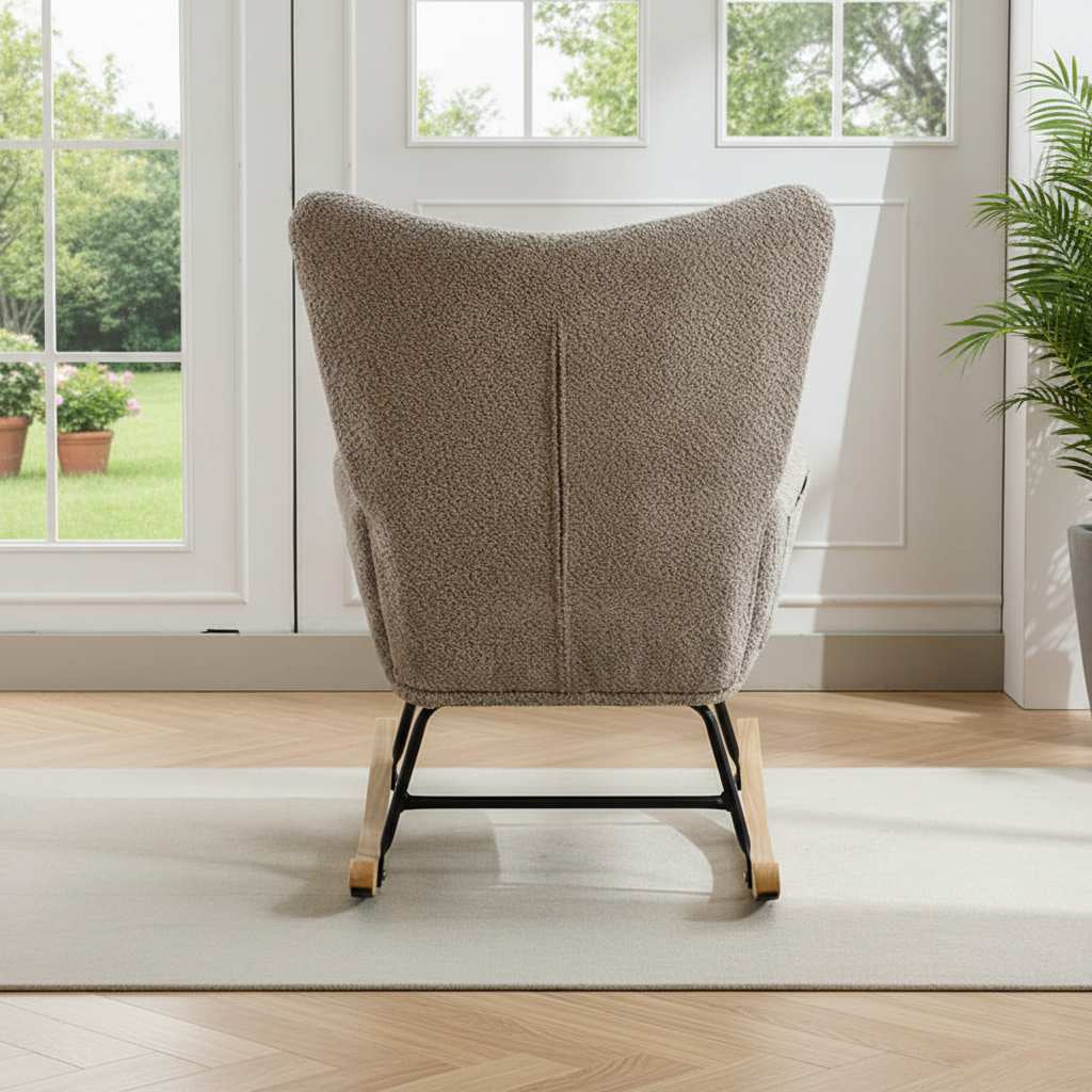 Close-up view of a textured gray bouclé swivel rocker chair showing the nubby fabric details and the warm tone of the wooden rocking base.