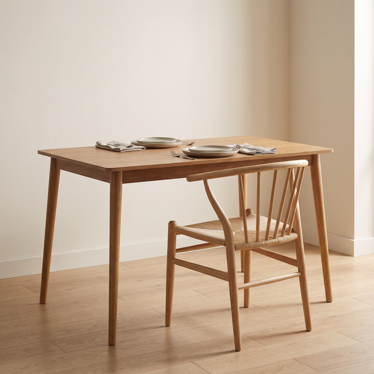 Dining table staged in a sunlit dining nook with place settings