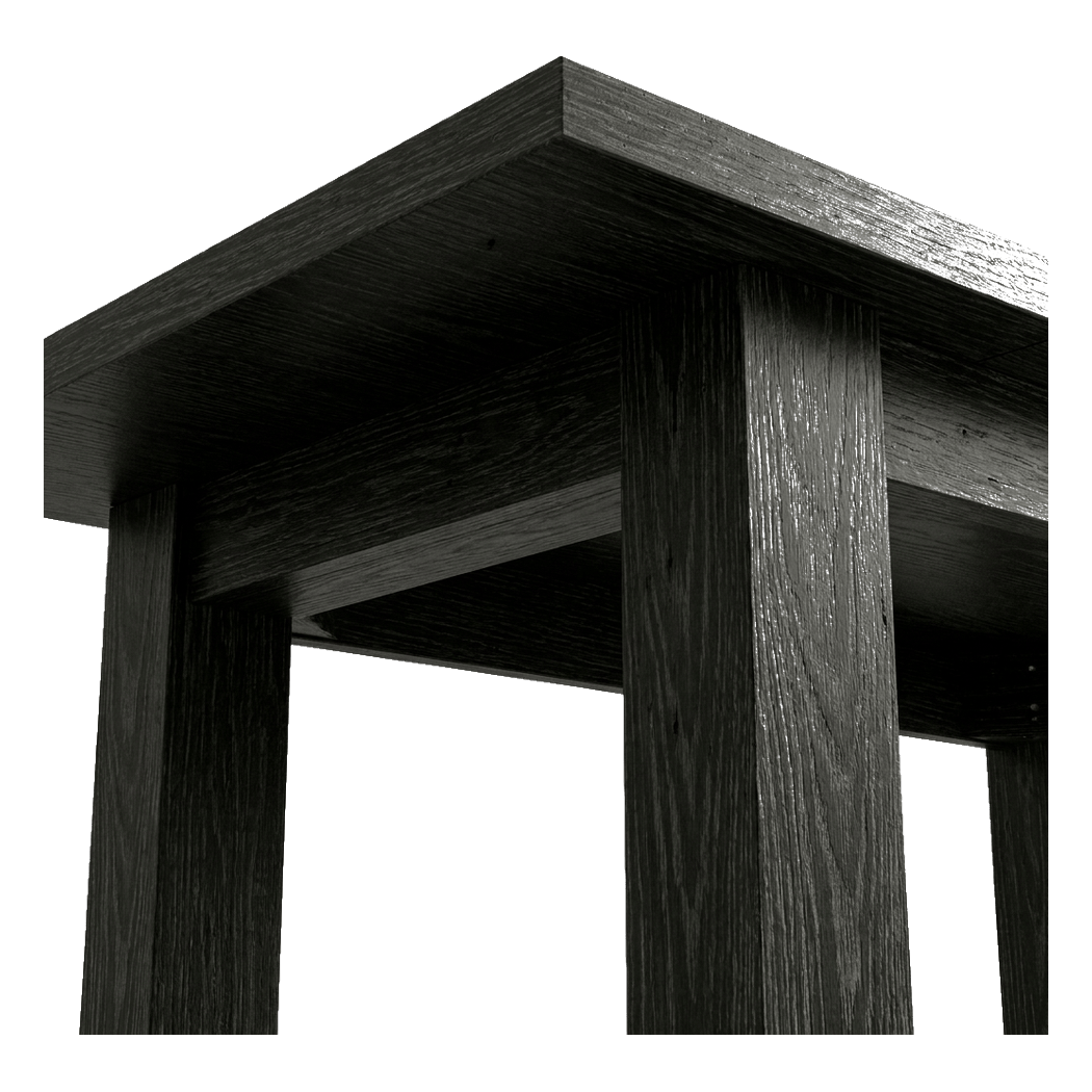 Black wood office desk, underside close-up of the H-frame legs