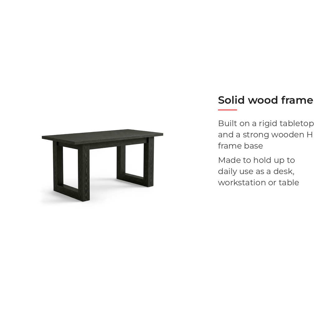 Black wood office desk, solid wood frame detail