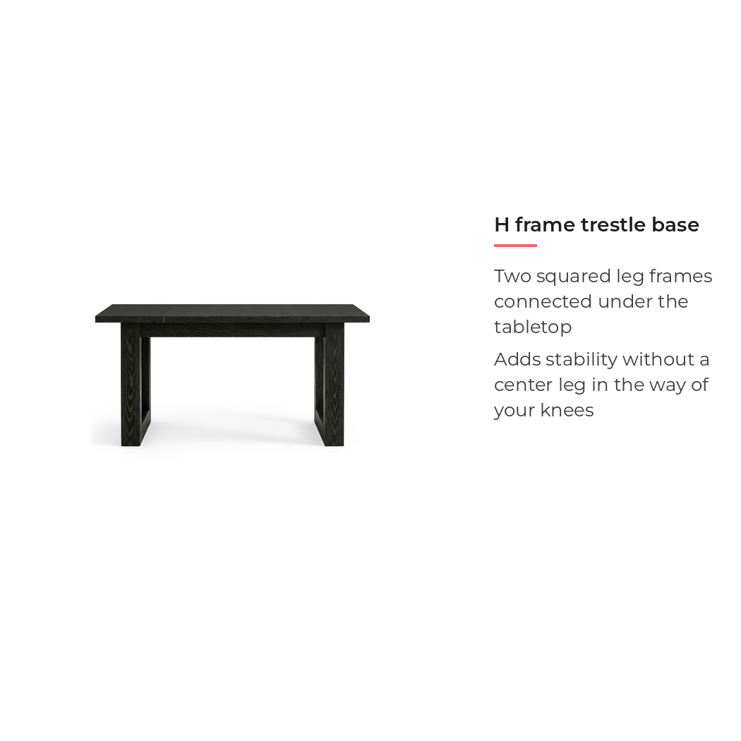 Black wood office desk, H-frame trestle base detail