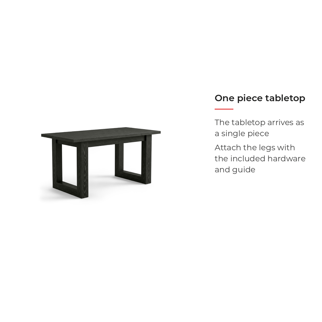 Black wood office desk, one-piece tabletop detail