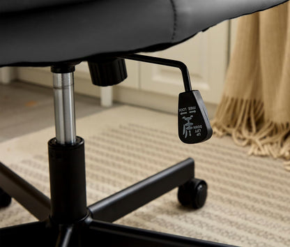 Armless office chair with large caster wheels and height-adjust lever for easy mobility (close-up detail)