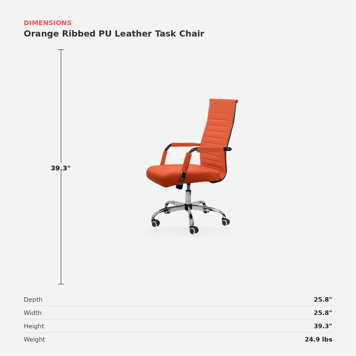 Orange Ribbed PU Leather Task Chair dimensions (feature callout)