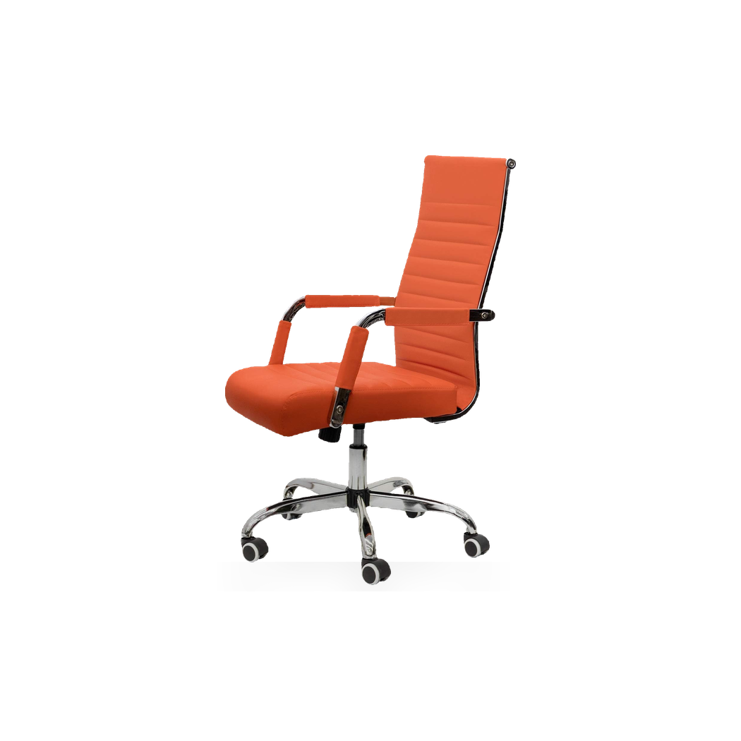 Orange ribbed leather office chair with adjustable height on a #f3f3f3 studio background